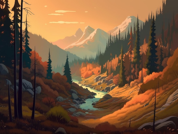 Digital painting of a river in a mountain landscape