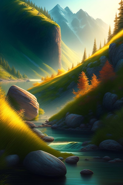 Digital painting of a river in the mountains