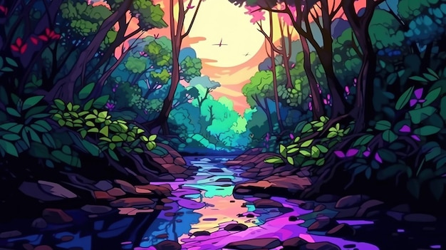 A digital painting of a river with a bird flying above it.