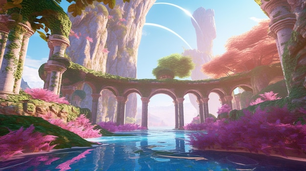 A digital painting of a river with a bridge and a pink flower.