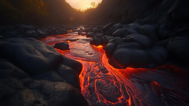 Photo a digital painting of a river with lava flowing through it.