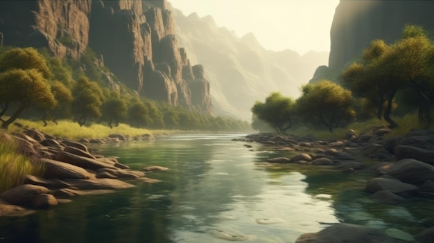 A digital painting of a river with mountains in the background
