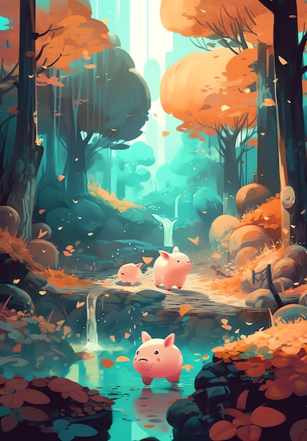 A digital painting of a river with pigs in the woods