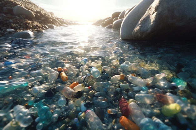 Цифровая картина реки с пластиковыми бутылками.