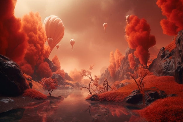 赤い木々が茂る川と雲のある空を描いたデジタル絵画。