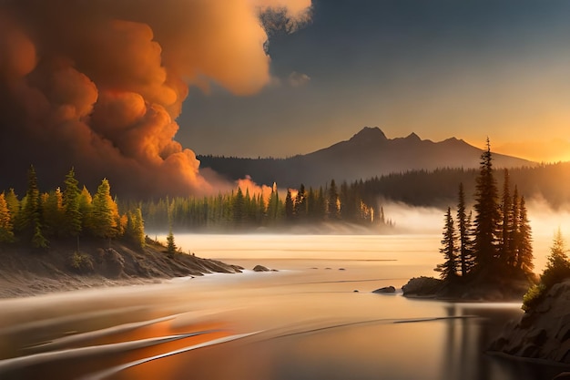 A digital painting of a river with a river and mountains in the background