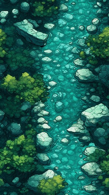 A digital painting of a river with rocks and trees