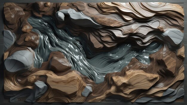 A digital painting of a river with rocks and water.