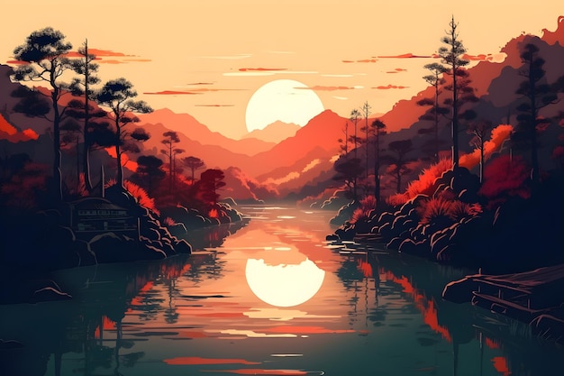 A digital painting of a river with a sunset and a mountain in the background