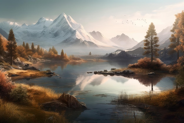 Цифровая картина реки с деревьями и закатом солнца на заднем плане.