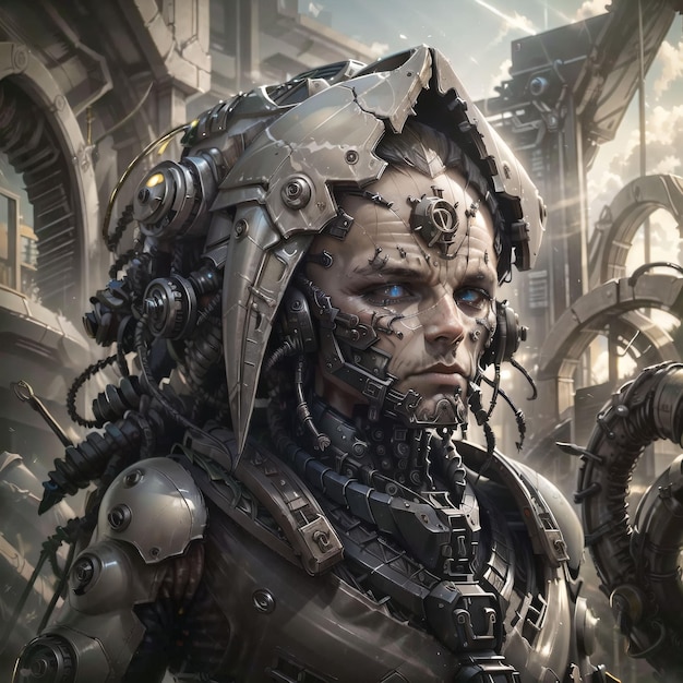 A digital painting of a robot with a human face and a mechanical face.