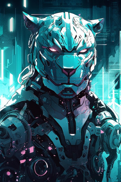 A digital painting of a robot with a pink face and a black and white cat on the cover.