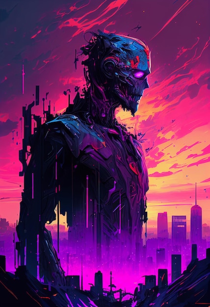 A digital painting of a robot with purple and pink colors.