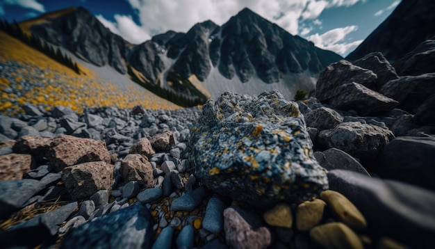 바닥에 "산"이라는 단어가 있는 바위와 산의 디지털 그림.