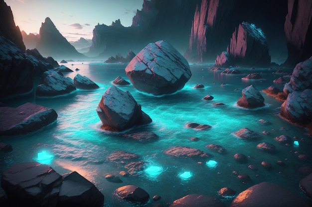 A digital painting of rocks in the water with the sun shining on them.