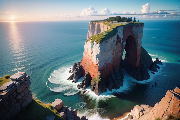 真ん中に「海」と書かれた大きな穴のある岩だらけの崖のデジタル絵画