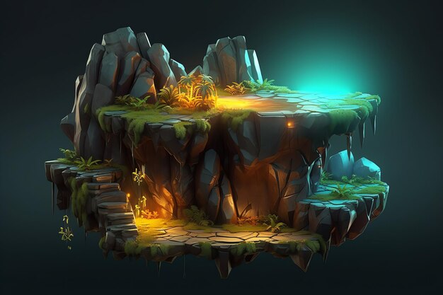 A digital painting of a rocky island with a light in the background.