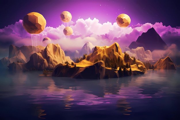 岩の島のデジタル絵画 紫の空と月