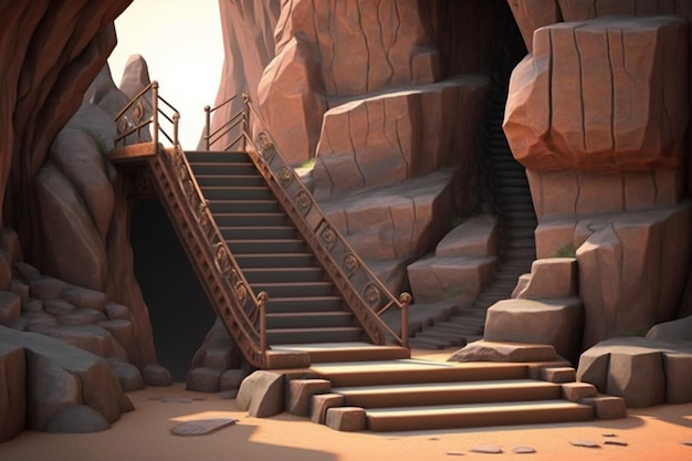 A digital painting of a rocky landscape with stairs leading up to the top.