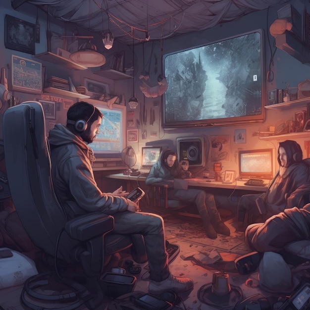 A digital painting of a room with a computer and a man wearing a mask.