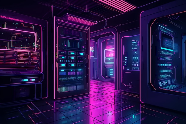 A digital painting of a room with many servers