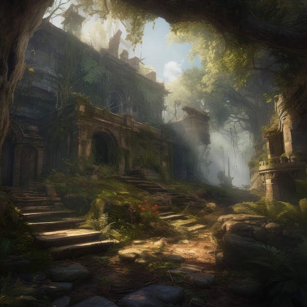 A digital painting of a ruined building in a forest.