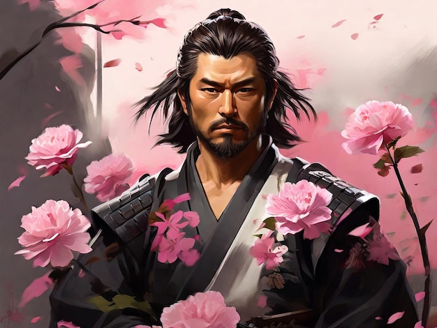 A digital painting of a samurai with pink flowers on the background