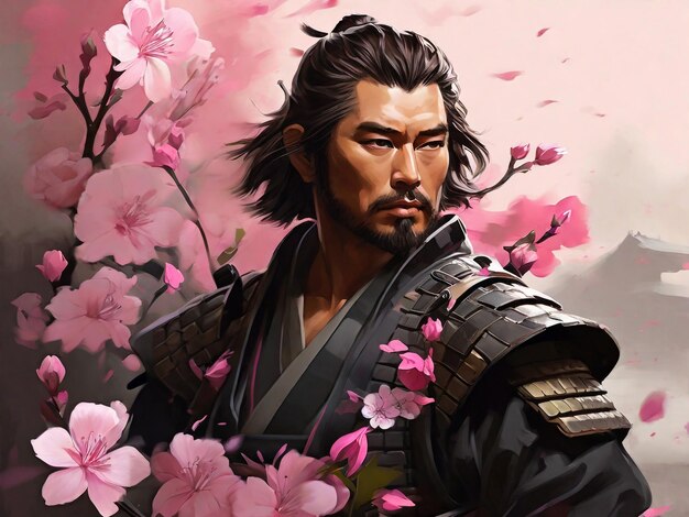 背景にピンクの花が描かれた武士のデジタル絵画