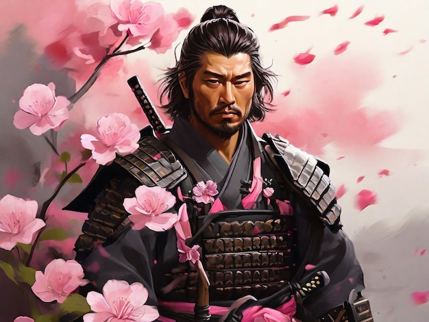 Photo a digital painting of a samurai with pink flowers on the background