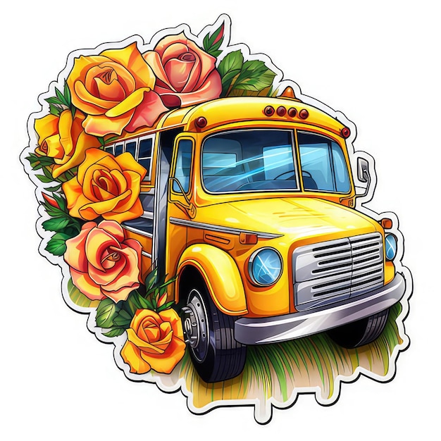 Digital painting school bus with flowers Generative Ai