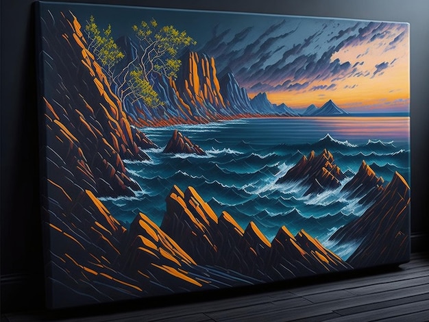 Pittura digitale di un paesaggio marino con montagne e alberi su una parete  arte digitale per decorazioni murali