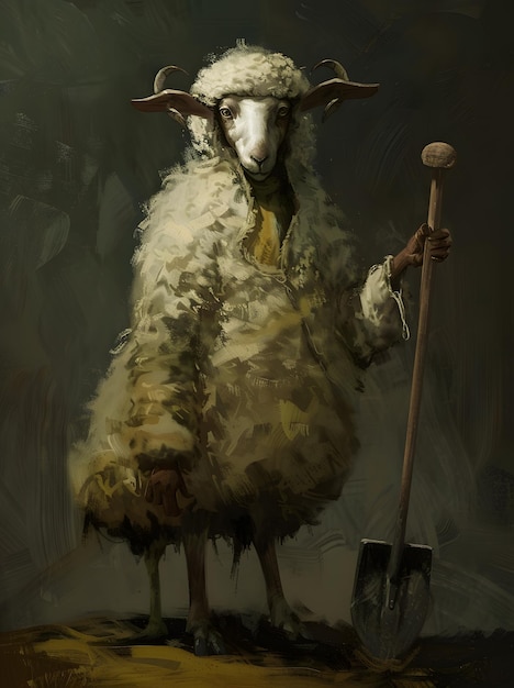 Photo digital painting of a sheep with a shovel in his hand on a dark background