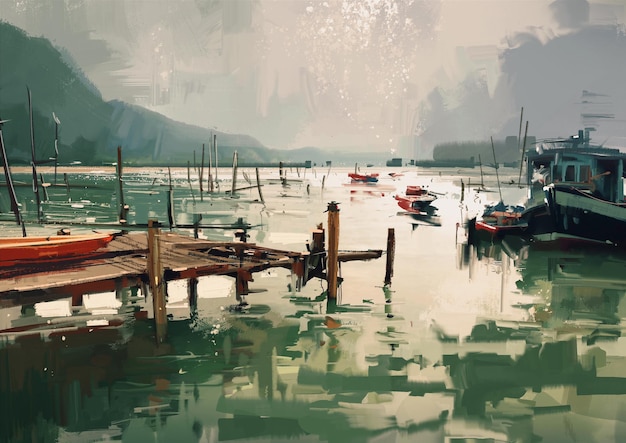 digital painting showing fishing boats at harbor