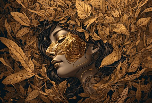 A digital painting showing a woman's head covered with leaves golden palette nature based pattern Generative AI