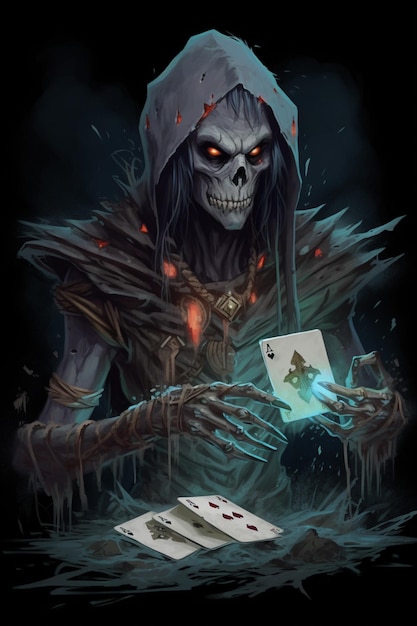 A digital painting of a skeleton playing cards.