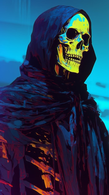 a digital painting of a skeleton wearing a hood