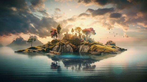 A digital painting of a small island with trees and birds flying over it.