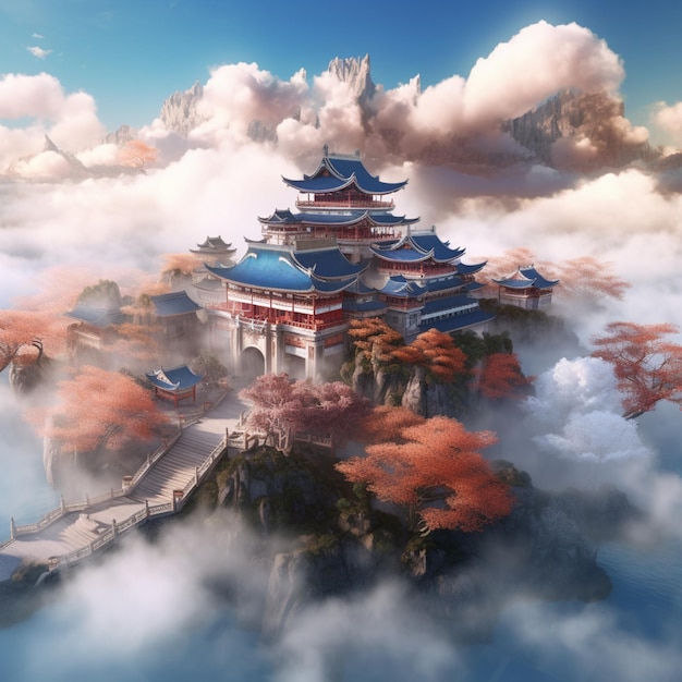 A digital painting of a small temple in the clouds