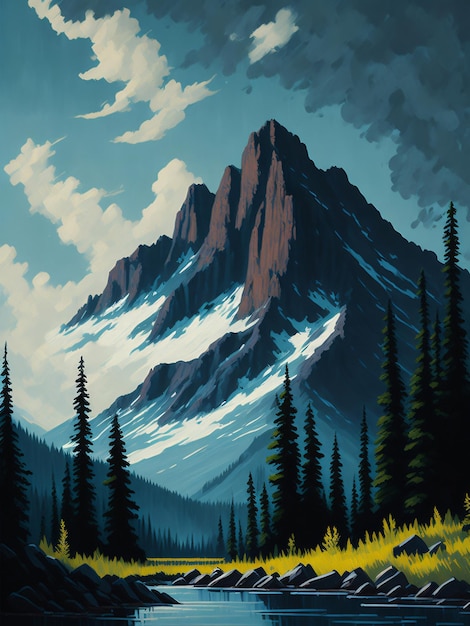 Digital painting of snow and mountains