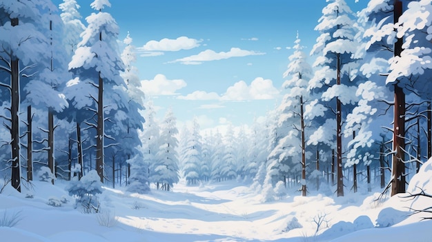 A digital painting of a snowy forest