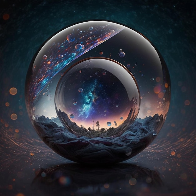 A digital painting of a sphere with a planet and a planet in the middle.