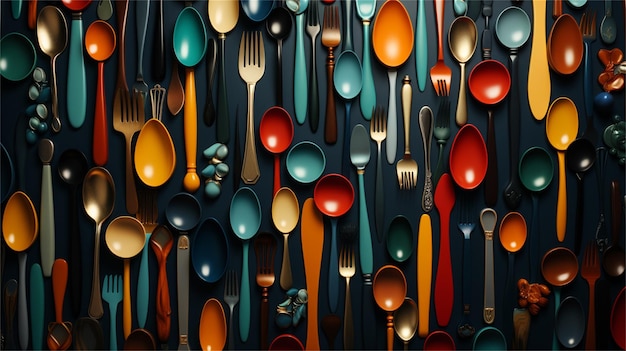 A digital painting of spoons with different colors and shapes.