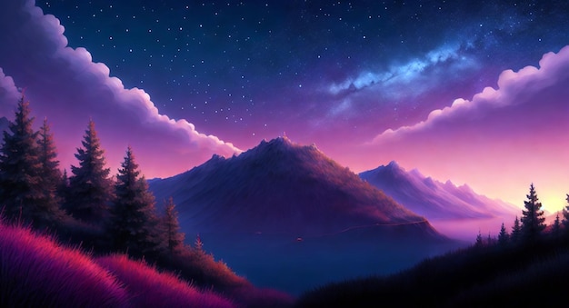 Digital painting of a starry night sky with a mountain landscape and a starry sky