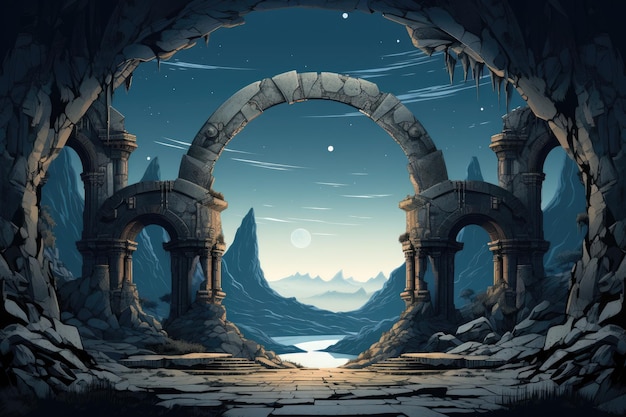 A digital painting of a stone arch in a cave
