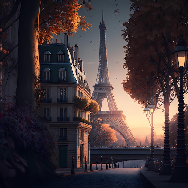 Photo a digital painting of a street scene with eiffel tower in the background.