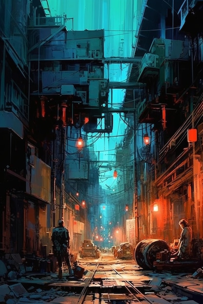 A digital painting of a street scene with a man standing in the middle of it.