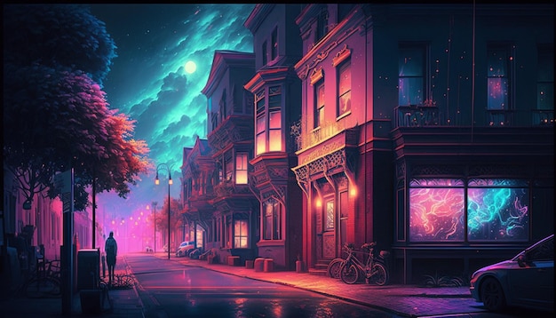 A digital painting of a street with a building and a sign that says'night '