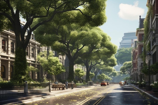 a digital painting of a street with trees and buildings in the background.