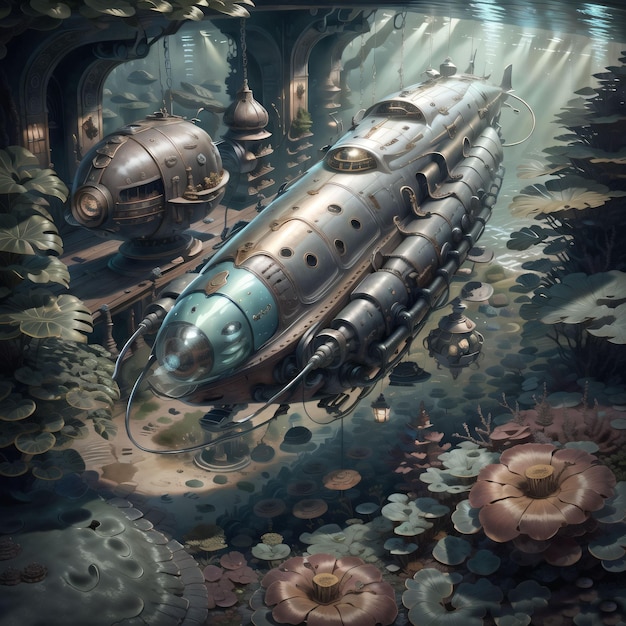 A digital painting of a submarine in a underwater world.