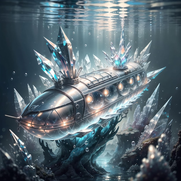 A digital painting of a submarine with ice crystals on the bottom.